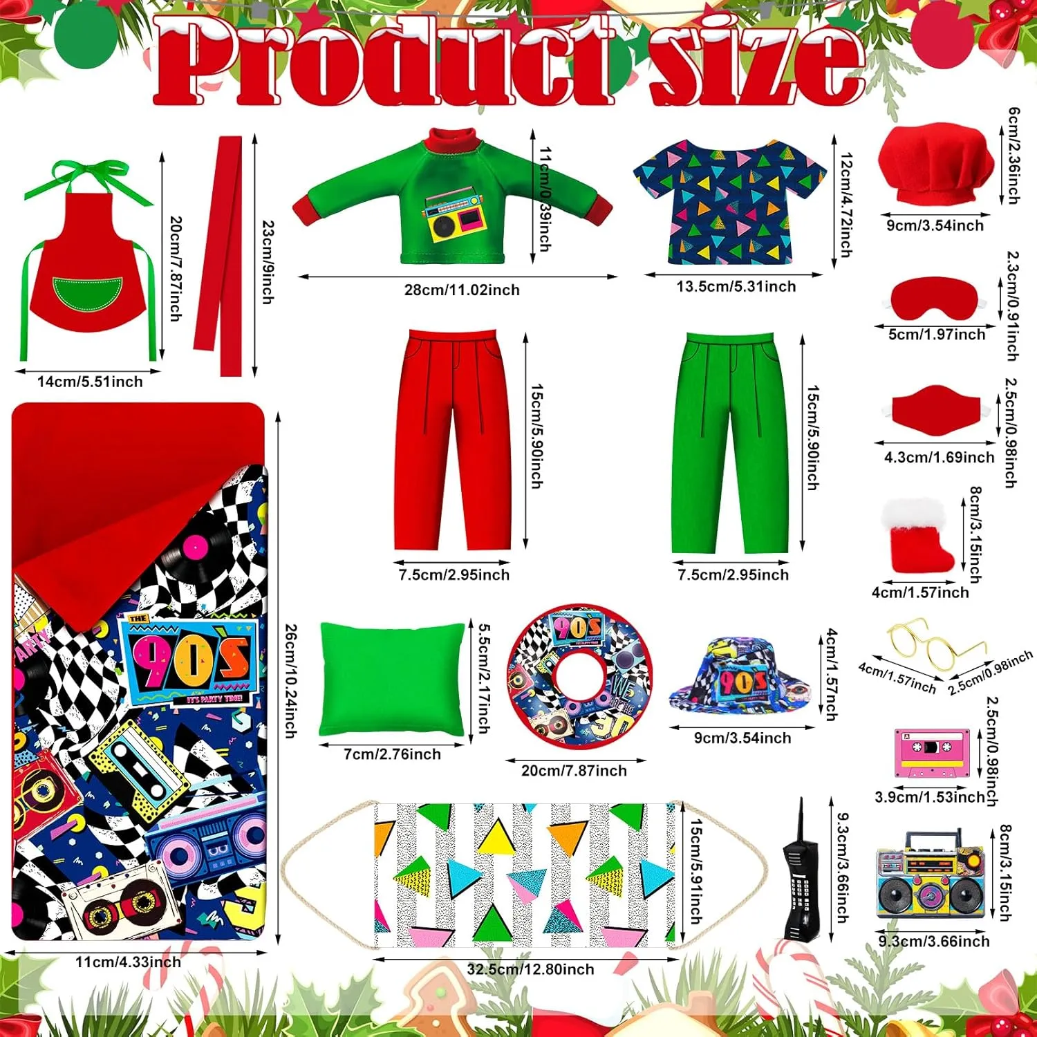 1 Set Christmas Doll Accessories Kits 2024 Includes Apron Chef Hat Hammock Swing Sleeping Bag Bathrobe Sweater Dress Headwear Scarf Ear Muffs Eye Mask Glasses Shoes for Doll(80s)