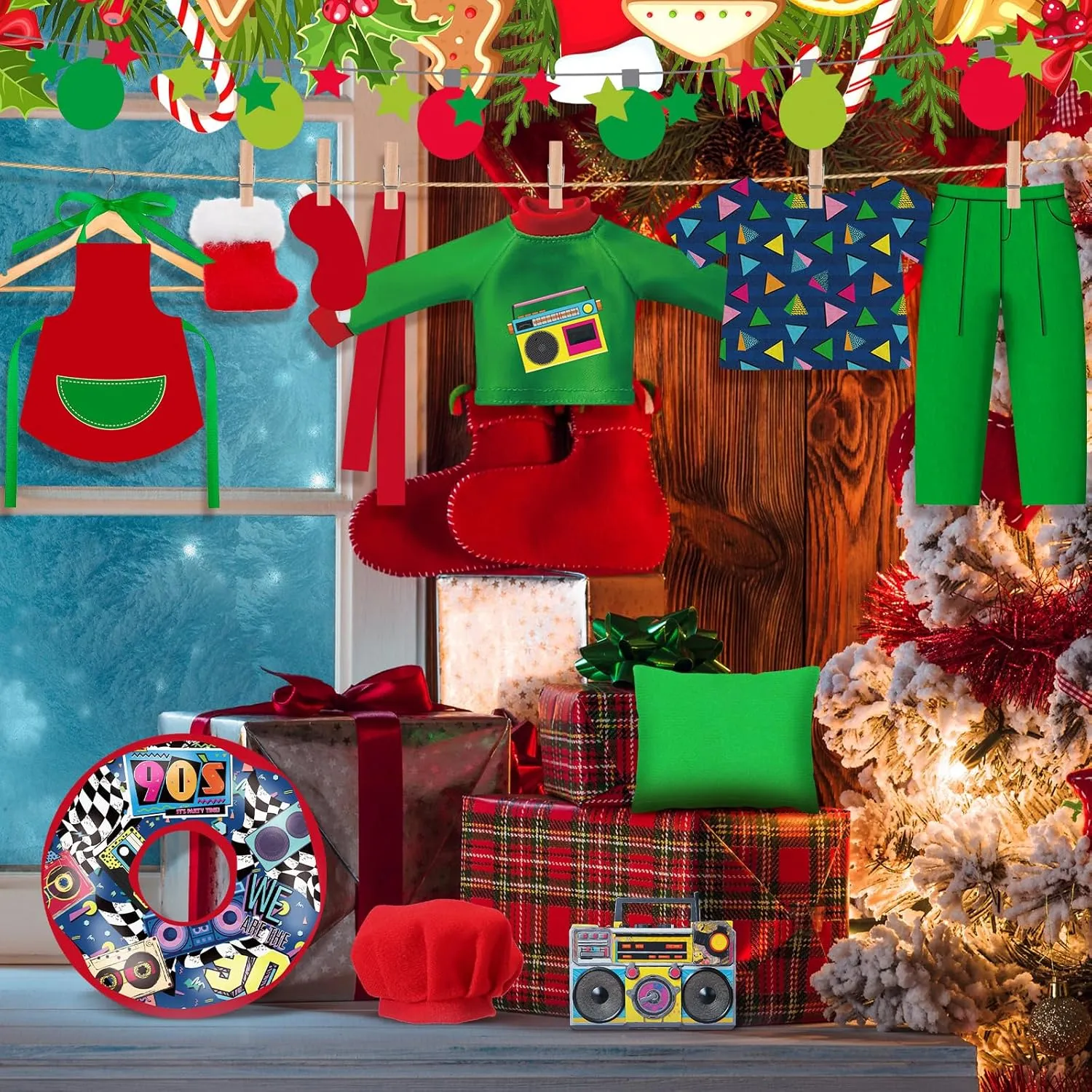 1 Set Christmas Doll Accessories Kits 2024 Includes Apron Chef Hat Hammock Swing Sleeping Bag Bathrobe Sweater Dress Headwear Scarf Ear Muffs Eye Mask Glasses Shoes for Doll(80s)