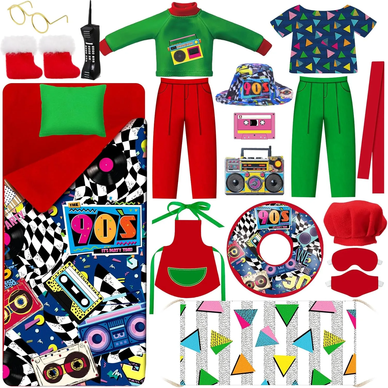 1 Set Christmas Doll Accessories Kits 2024 Includes Apron Chef Hat Hammock Swing Sleeping Bag Bathrobe Sweater Dress Headwear Scarf Ear Muffs Eye Mask Glasses Shoes for Doll(80s)