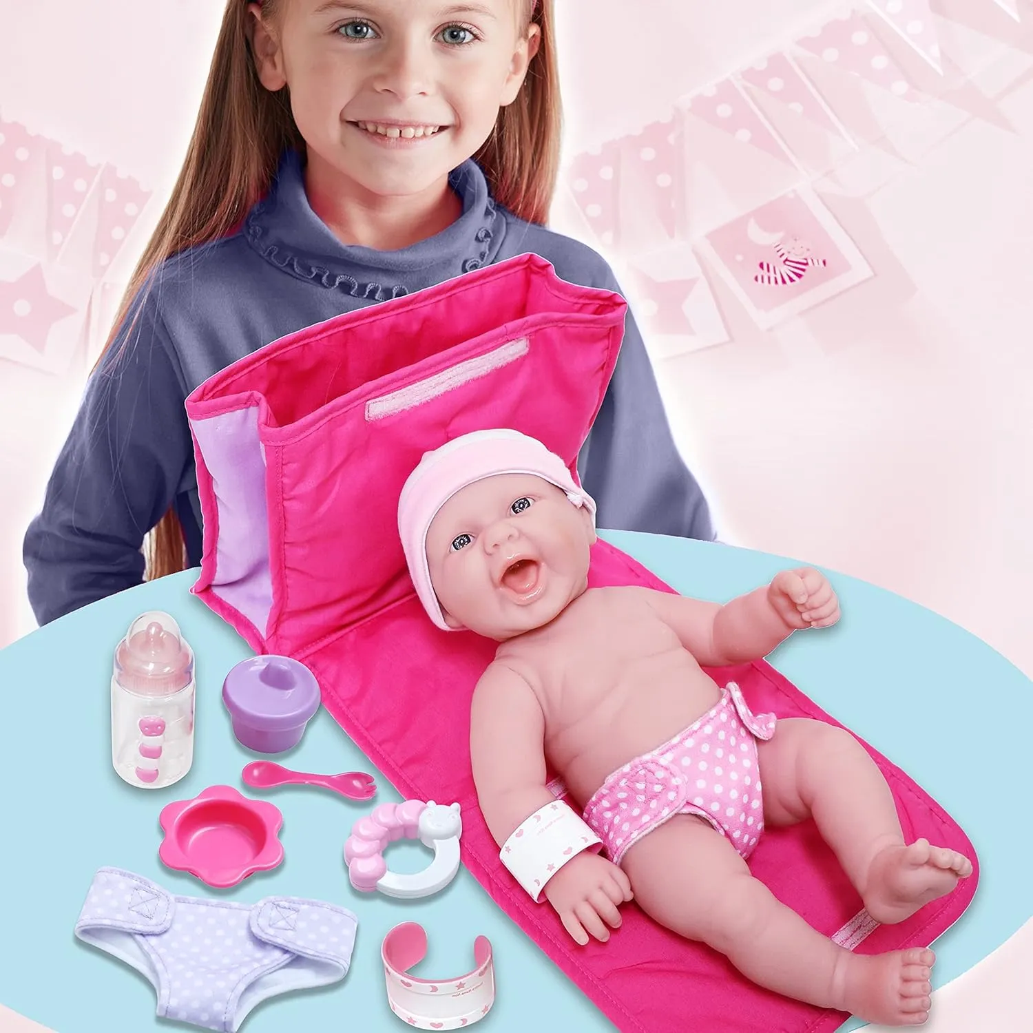 10 Piece Deluxe Diaper Bag Gift Set | Feat. 13" Realistic Smiling Baby Newborn Doll | La Newborn - JC Toys | All Vinyl | Washable | Ages 2 , Pink