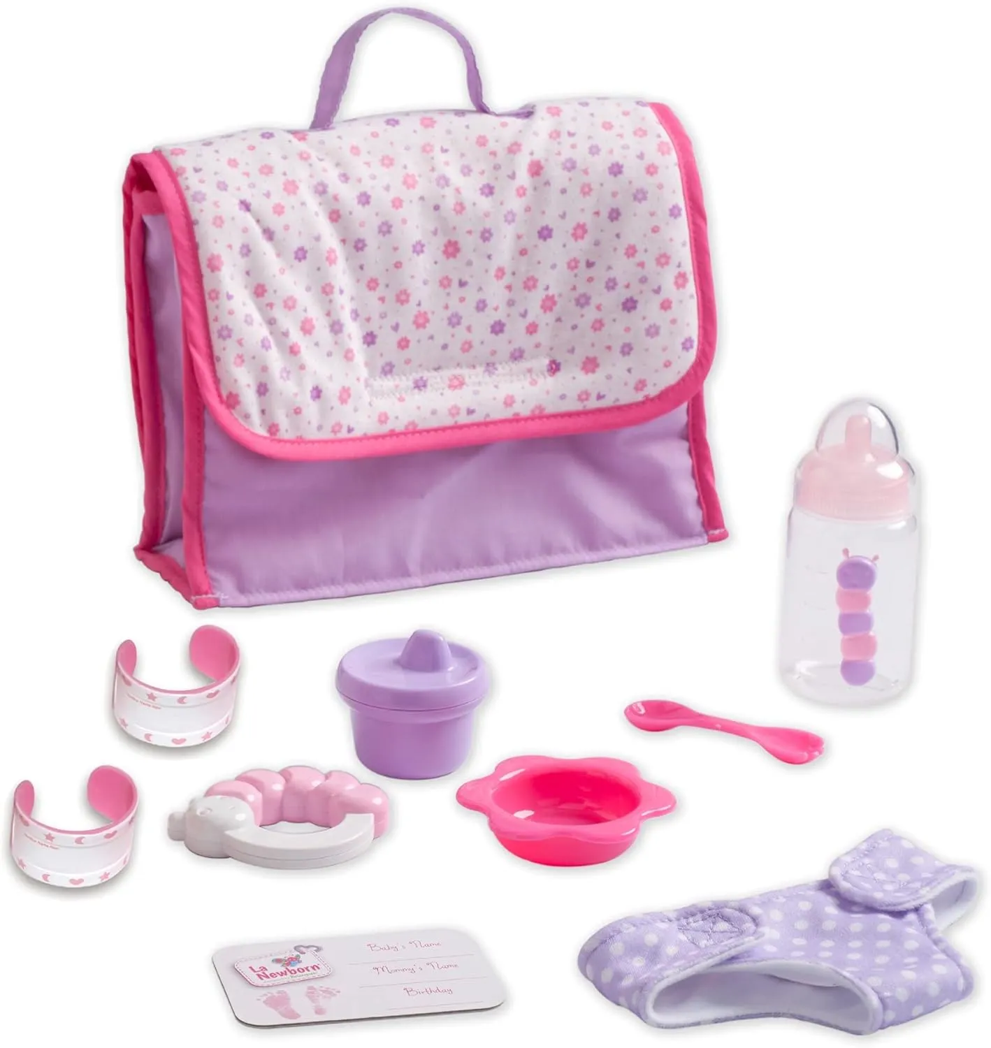 10 Piece Deluxe Diaper Bag Gift Set | Feat. 13" Realistic Smiling Baby Newborn Doll | La Newborn - JC Toys | All Vinyl | Washable | Ages 2 , Pink