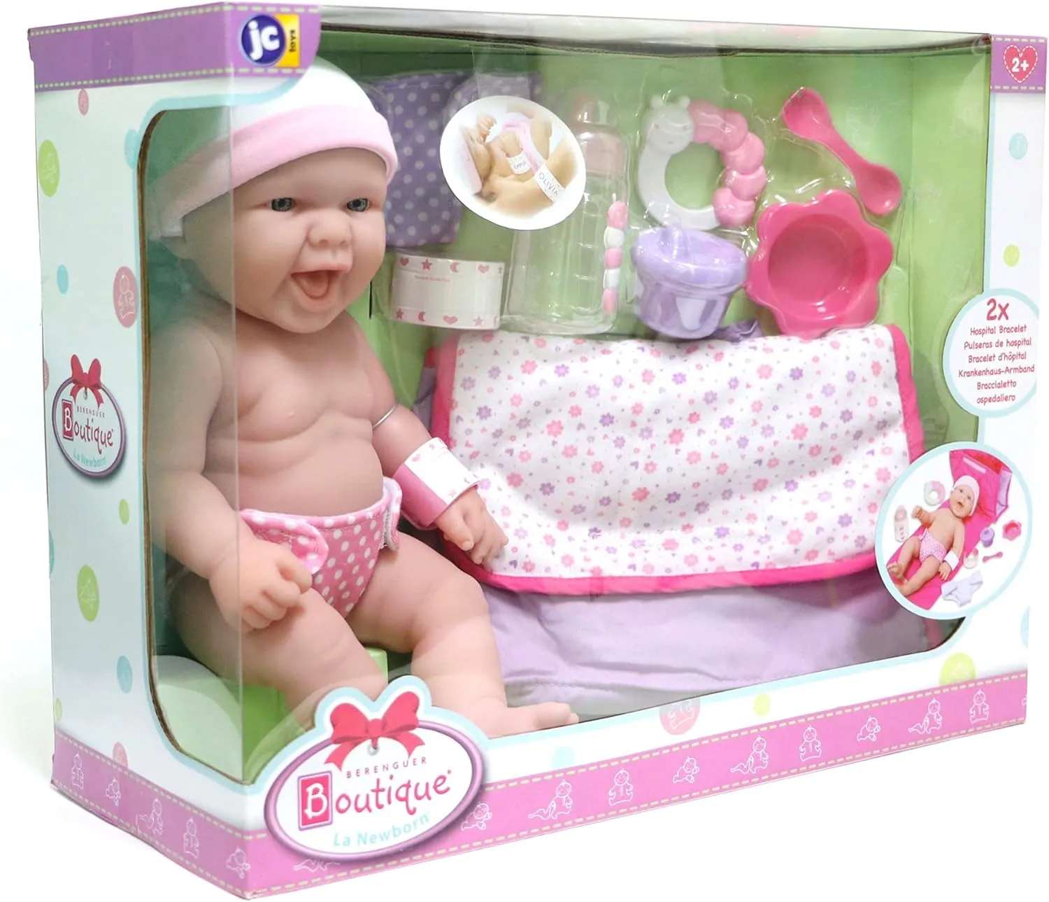 10 Piece Deluxe Diaper Bag Gift Set | Feat. 13" Realistic Smiling Baby Newborn Doll | La Newborn - JC Toys | All Vinyl | Washable | Ages 2 , Pink