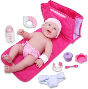 10 Piece Deluxe Diaper Bag Gift Set | Feat. 13" Realistic Smiling Baby Newborn Doll | La Newborn - JC Toys | All Vinyl | Washable | Ages 2 , Pink