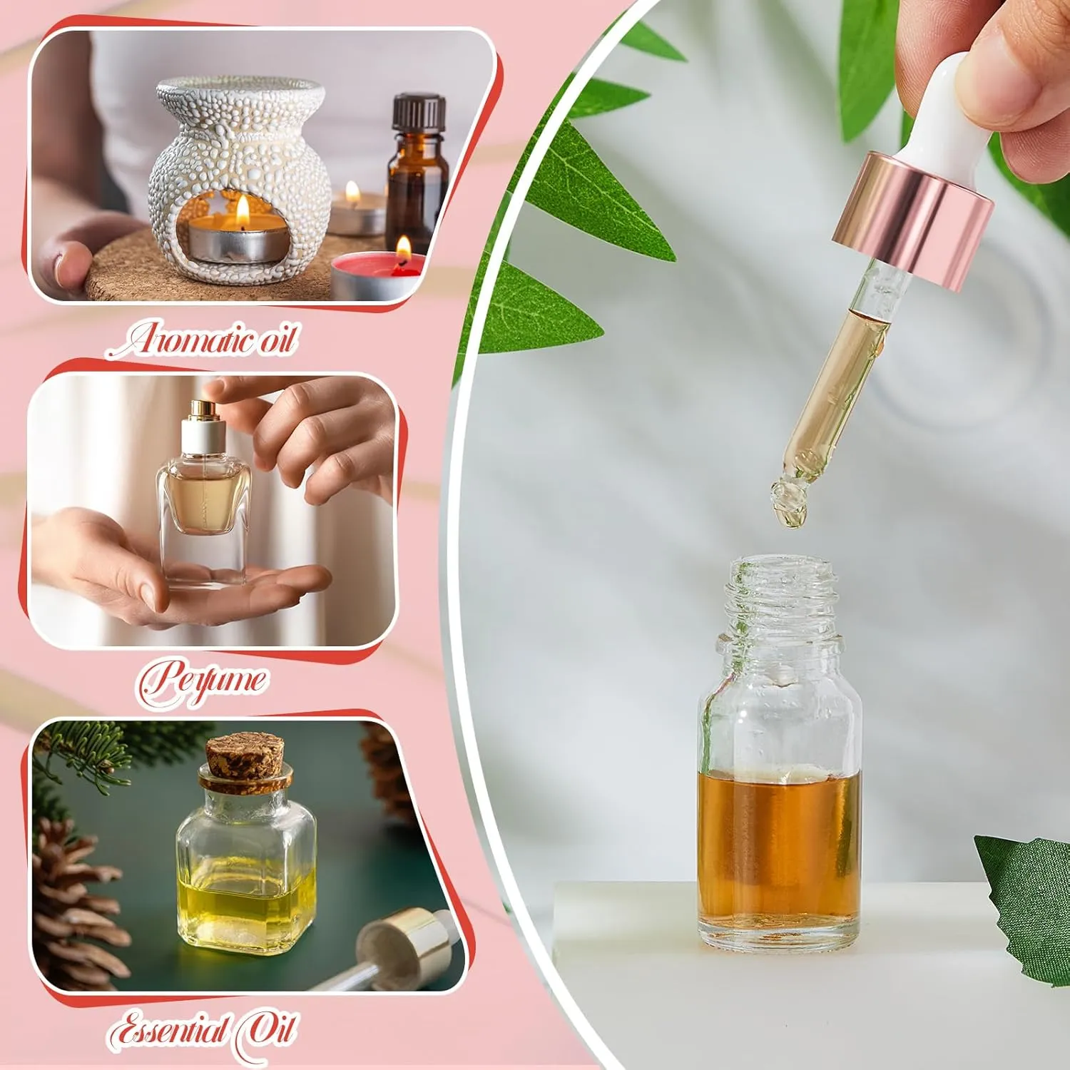 100 Pcs Mini Glass Oil Dropper Bottle Bulk, 10 ml Rose Gold Clear Essential Small Empty Bottles Sample Containers Perfume Liquid Vials with Cap for Traveling