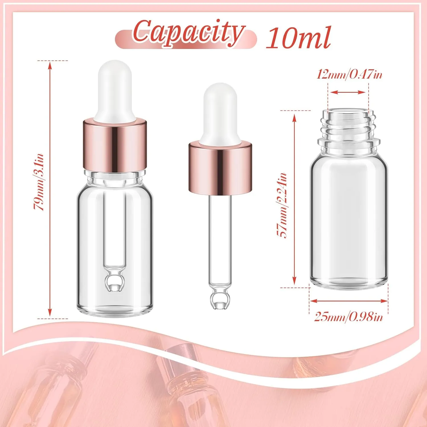 100 Pcs Mini Glass Oil Dropper Bottle Bulk, 10 ml Rose Gold Clear Essential Small Empty Bottles Sample Containers Perfume Liquid Vials with Cap for Traveling