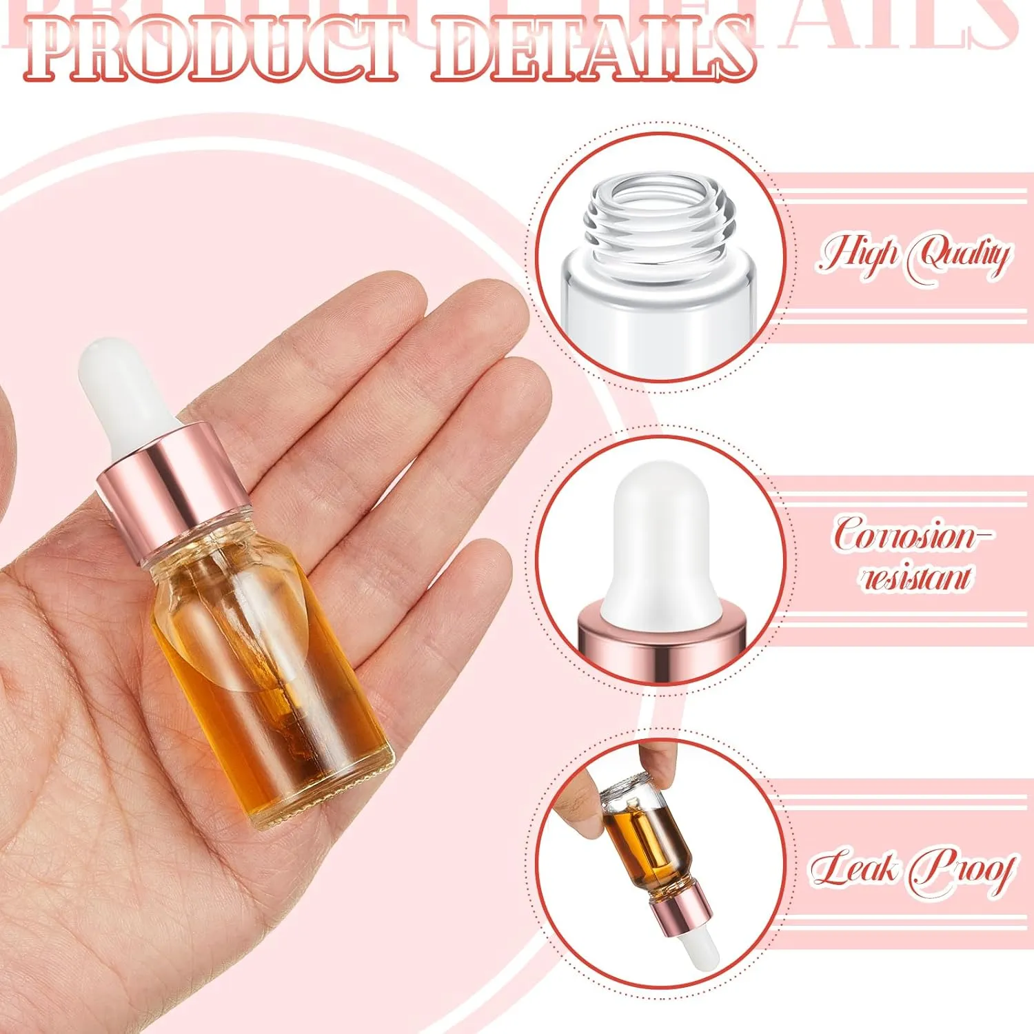 100 Pcs Mini Glass Oil Dropper Bottle Bulk, 10 ml Rose Gold Clear Essential Small Empty Bottles Sample Containers Perfume Liquid Vials with Cap for Traveling