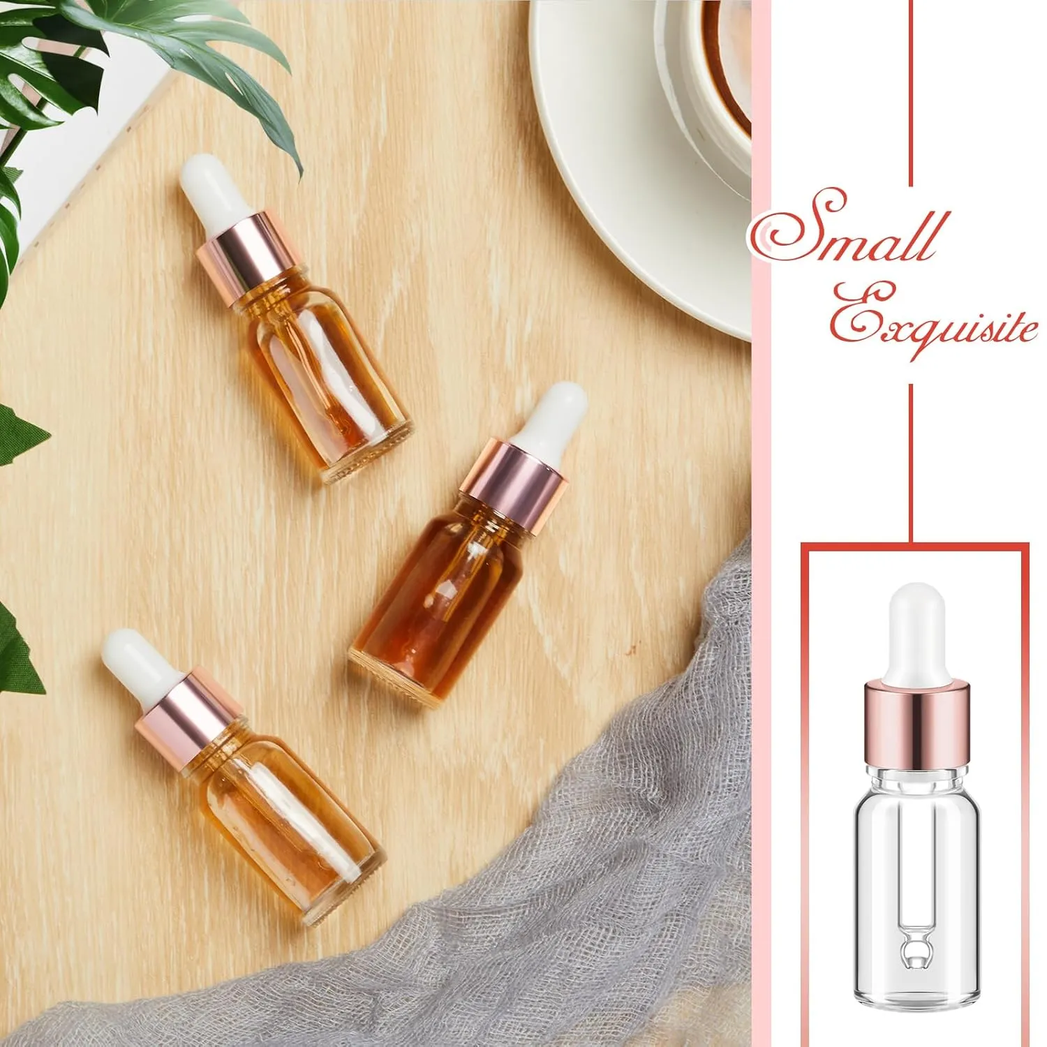 100 Pcs Mini Glass Oil Dropper Bottle Bulk, 10 ml Rose Gold Clear Essential Small Empty Bottles Sample Containers Perfume Liquid Vials with Cap for Traveling