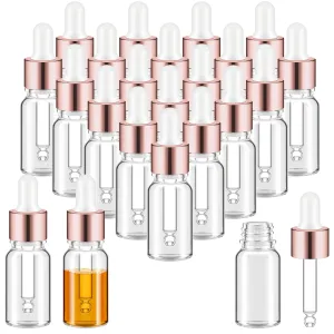 100 Pcs Mini Glass Oil Dropper Bottle Bulk, 10 ml Rose Gold Clear Essential Small Empty Bottles Sample Containers Perfume Liquid Vials with Cap for Traveling