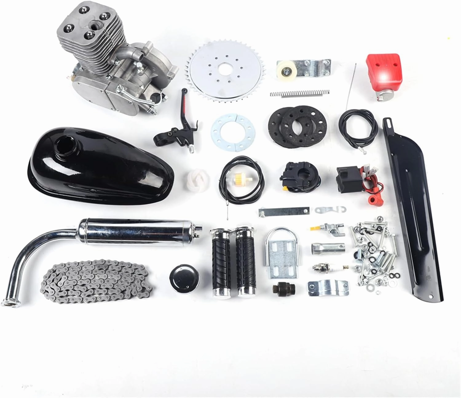 100CC Bicycle Engine Kit, Gas Powered Bike Motor Conversion Kit 2 Stroke Gas Motorized Motor Bike Motor Cycle Full Set Carburetor Assembly CDI Assembly Exhaust Muffler Fuel Tank