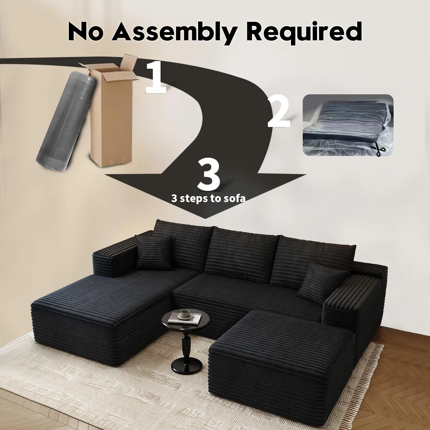 107.5" Cloud Modular Sectional Sofa with 1 Ottoman,Modern Minimalist Upholstered Couches, Comfort U Shaped Sofa for Living Room,Deep Seat Corner Couch，No Assembly Required (Black,Left Facing Chaise)