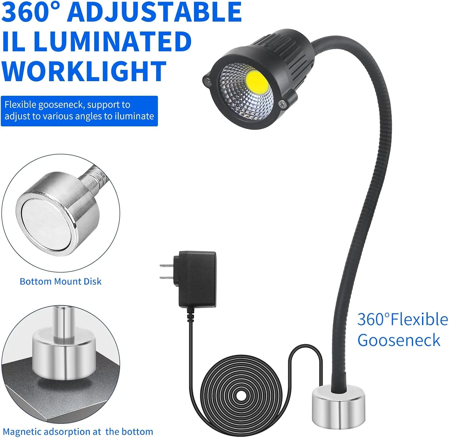 10W WangJiaTai Waterproof Magnetic Light, LED Work Light,LED Machine Light,with Flexible Gooseneck and Magnetic Base, Shop Tool Lamp for Lathe,Work Bench,Sewing Machine,Industrial Lighting,1200Lumens