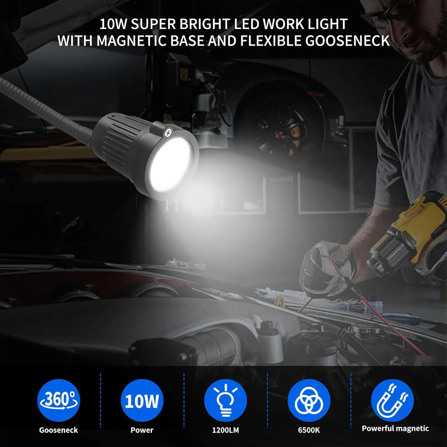 10W WangJiaTai Waterproof Magnetic Light, LED Work Light,LED Machine Light,with Flexible Gooseneck and Magnetic Base, Shop Tool Lamp for Lathe,Work Bench,Sewing Machine,Industrial Lighting,1200Lumens