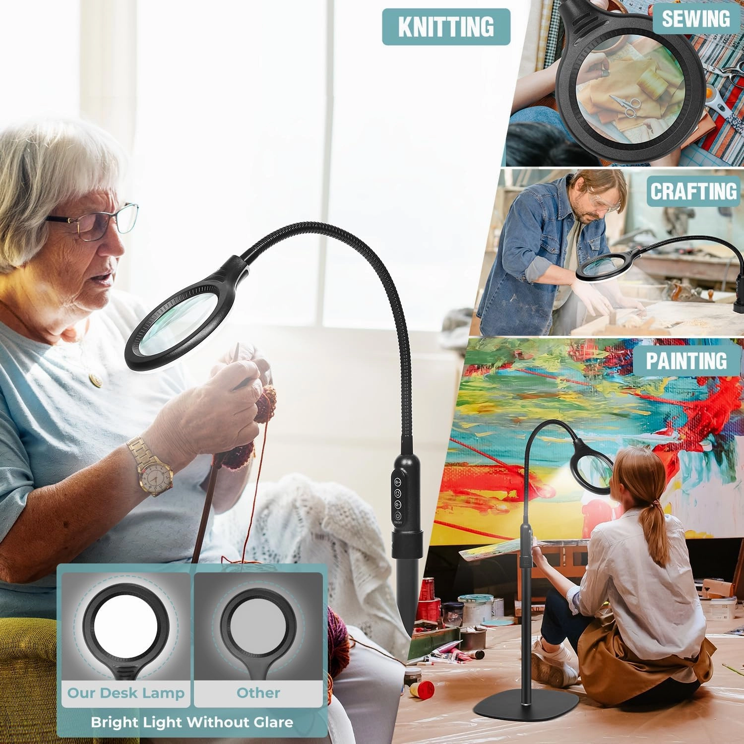 10X Magnifying Glass with Light and Stand, Flexible Gooseneck Magnifying Floor Lamp with Light, 3-in-1 LED 5 Color Modes, Stepless Dimmable Lighted Magnifier Hands Free for Close Work, Crafts, Reading