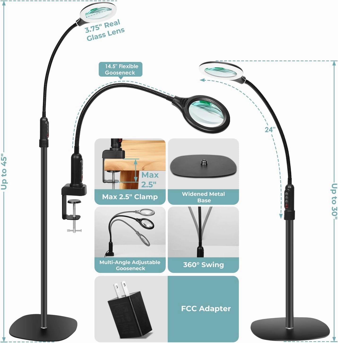 10X Magnifying Glass with Light and Stand, Flexible Gooseneck Magnifying Floor Lamp with Light, 3-in-1 LED 5 Color Modes, Stepless Dimmable Lighted Magnifier Hands Free for Close Work, Crafts, Reading