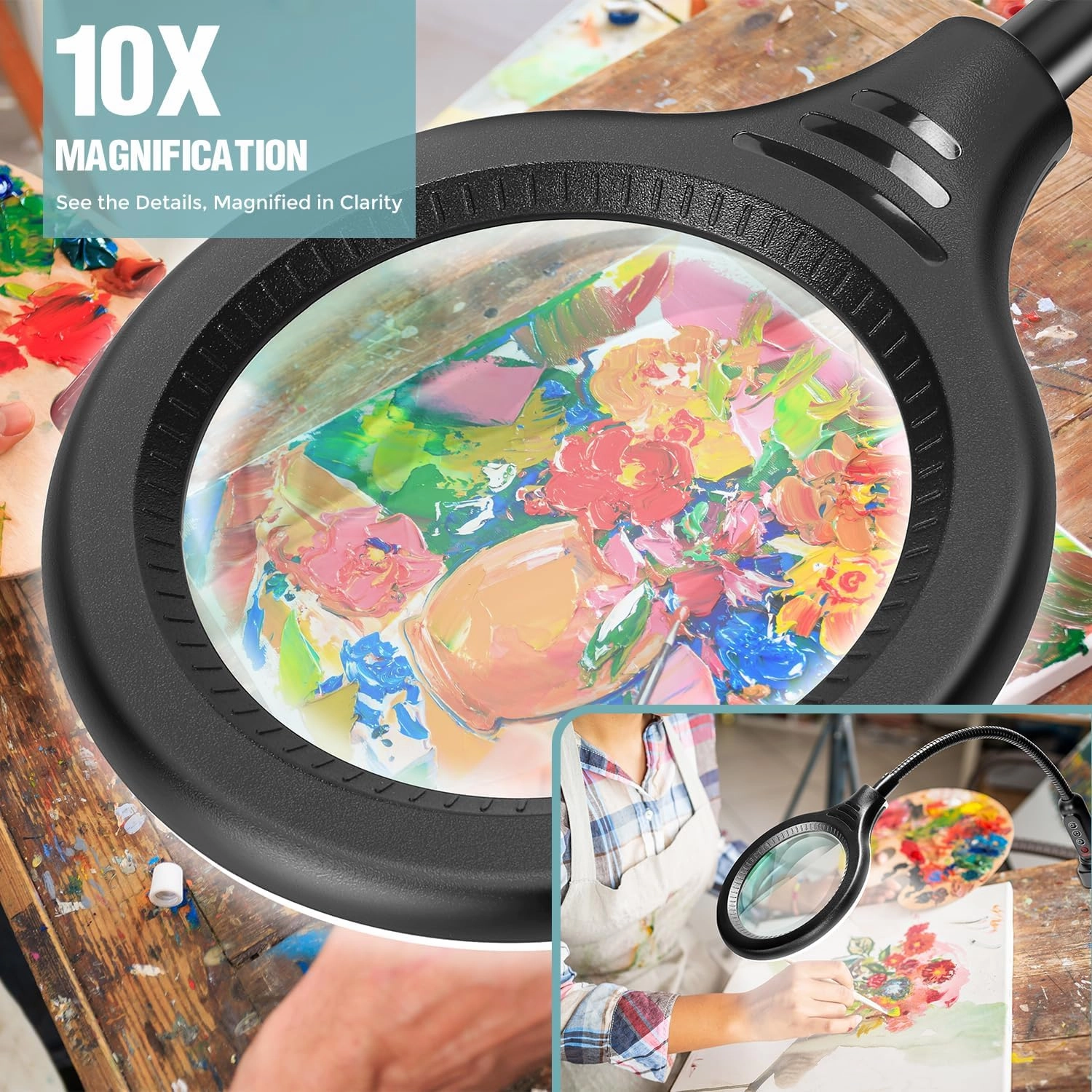10X Magnifying Glass with Light and Stand, Flexible Gooseneck Magnifying Floor Lamp with Light, 3-in-1 LED 5 Color Modes, Stepless Dimmable Lighted Magnifier Hands Free for Close Work, Crafts, Reading
