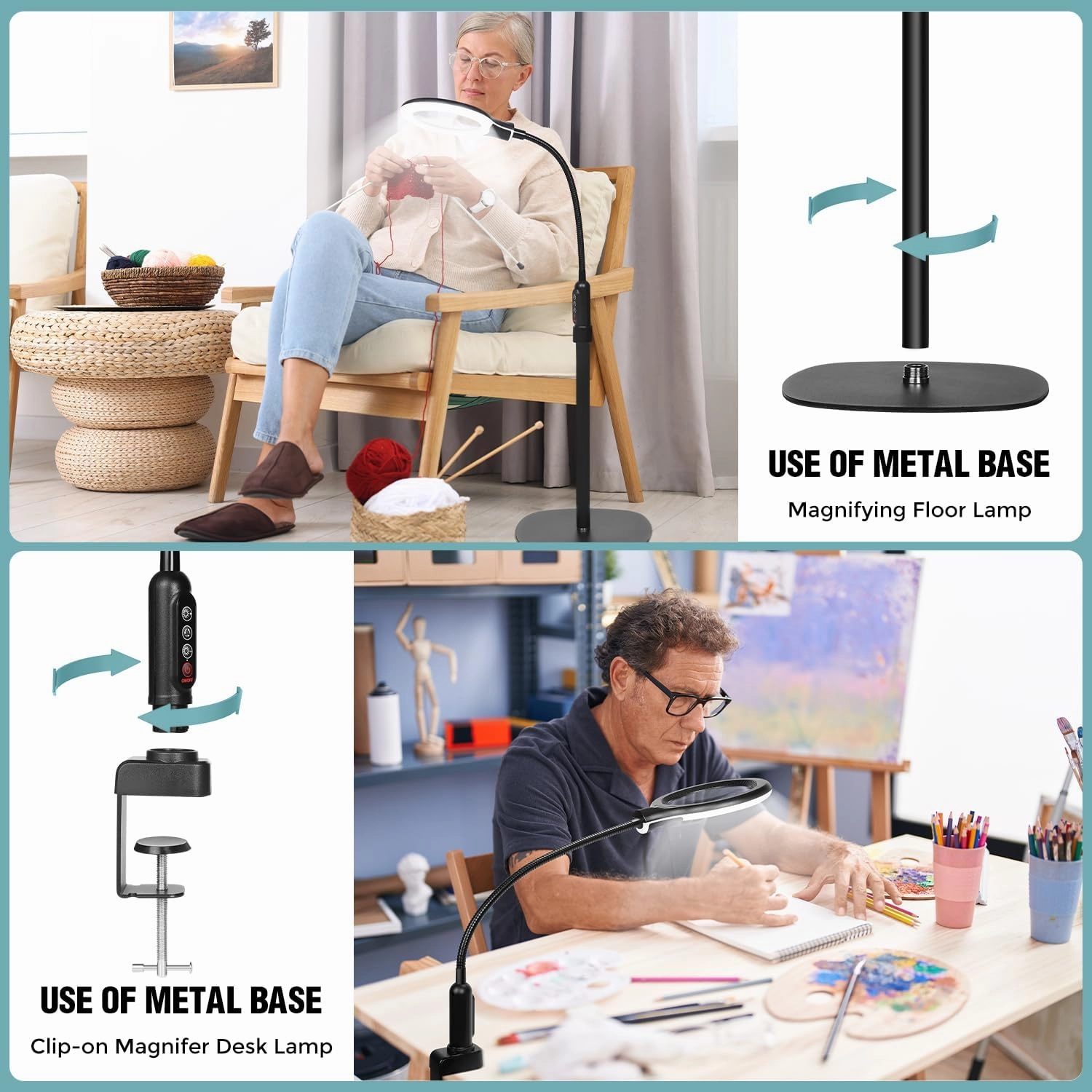 10X Magnifying Glass with Light and Stand, Flexible Gooseneck Magnifying Floor Lamp with Light, 3-in-1 LED 5 Color Modes, Stepless Dimmable Lighted Magnifier Hands Free for Close Work, Crafts, Reading