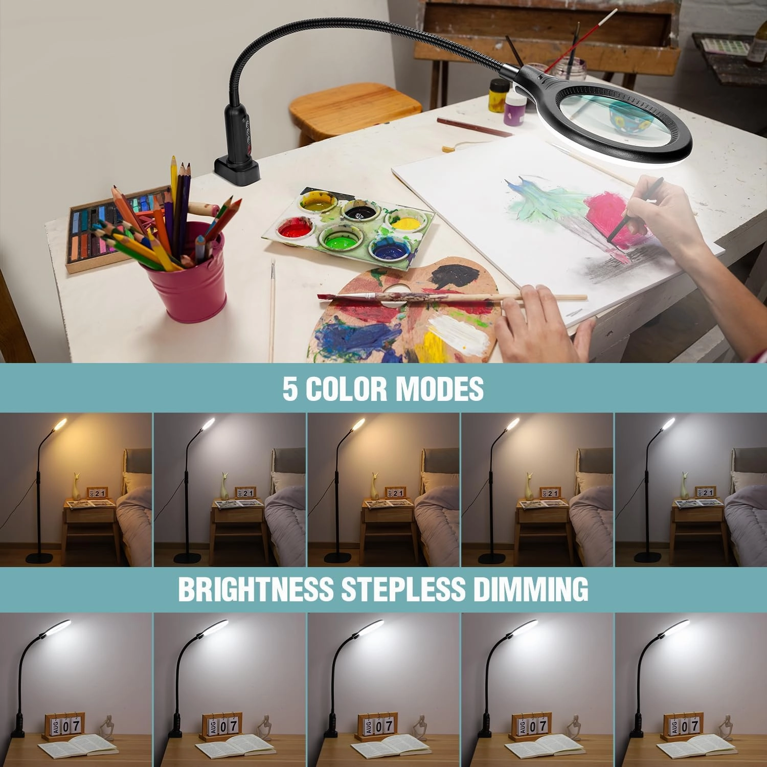 10X Magnifying Glass with Light and Stand, Flexible Gooseneck Magnifying Floor Lamp with Light, 3-in-1 LED 5 Color Modes, Stepless Dimmable Lighted Magnifier Hands Free for Close Work, Crafts, Reading
