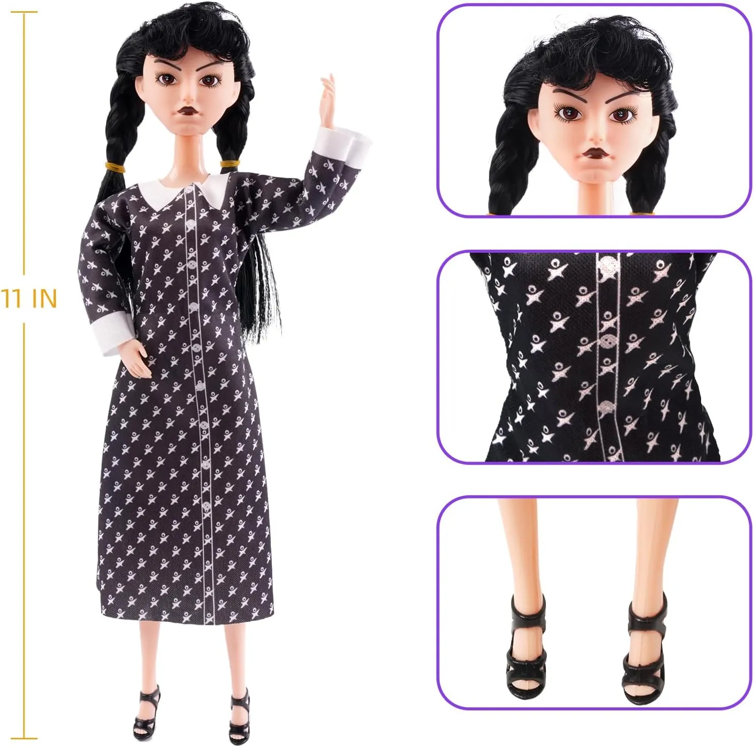 11.5 Inch Girls Dolls, Toys Long Sleeve Dots Black Hair & Black Shoe, Birthday for Girls Fans Kids