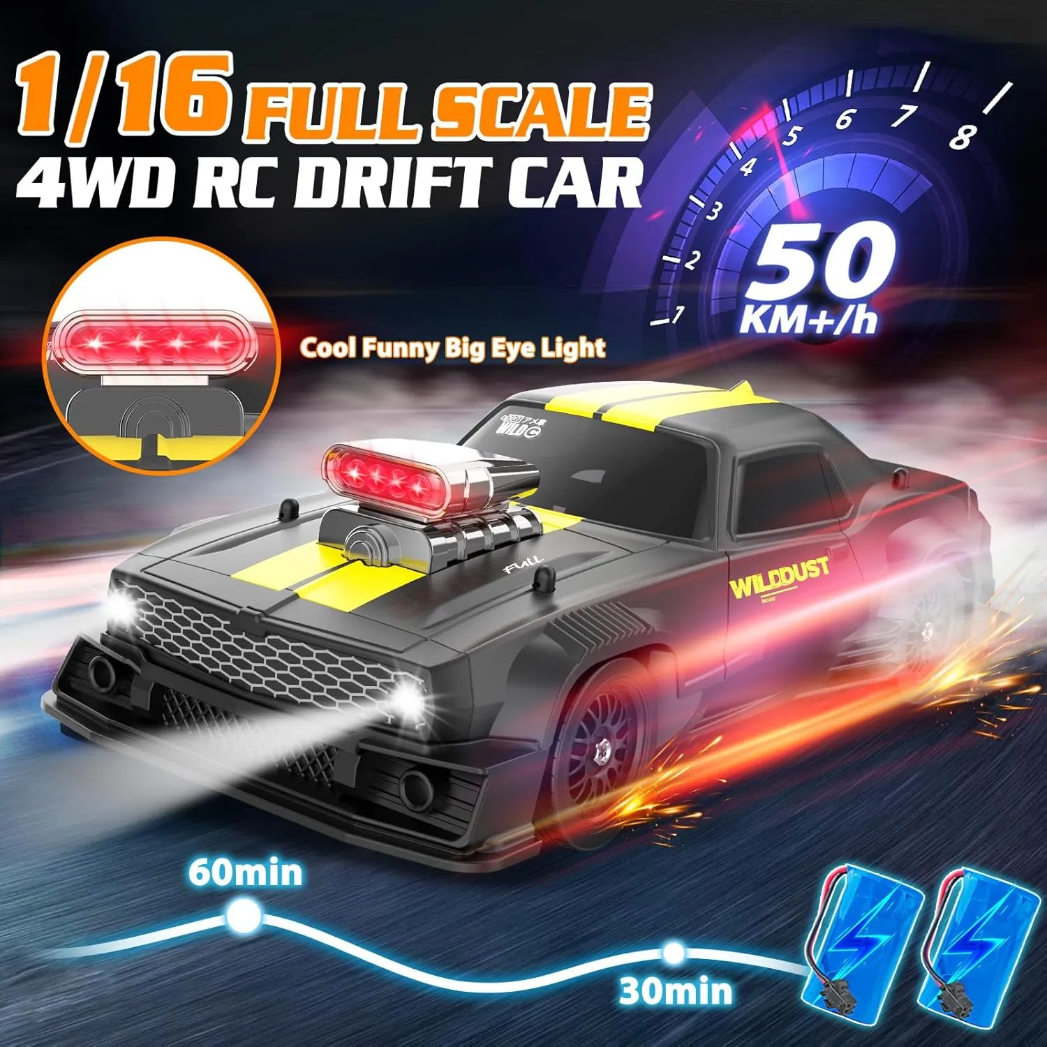 1/16 RC Drift Car with Gyro Full Proportional 4WD 50KM/h High Speed Remote Control Cars, ESP Drift Racing Vehicle with Lights and 2 Rechargeable Batteries, RTR RC Sport Race Cars for Adults Kids Gift