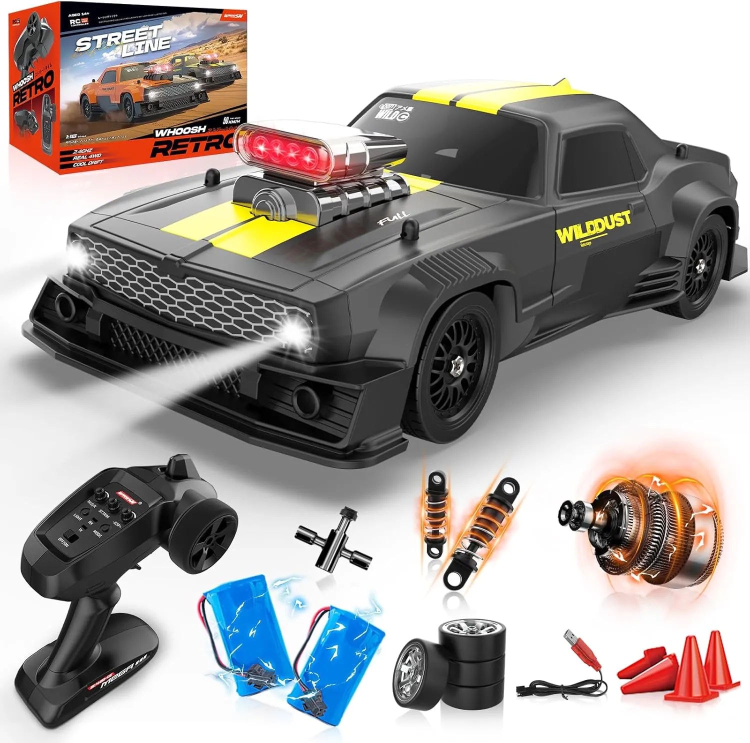 1/16 RC Drift Car with Gyro Full Proportional 4WD 50KM/h High Speed Remote Control Cars, ESP Drift Racing Vehicle with Lights and 2 Rechargeable Batteries, RTR RC Sport Race Cars for Adults Kids Gift