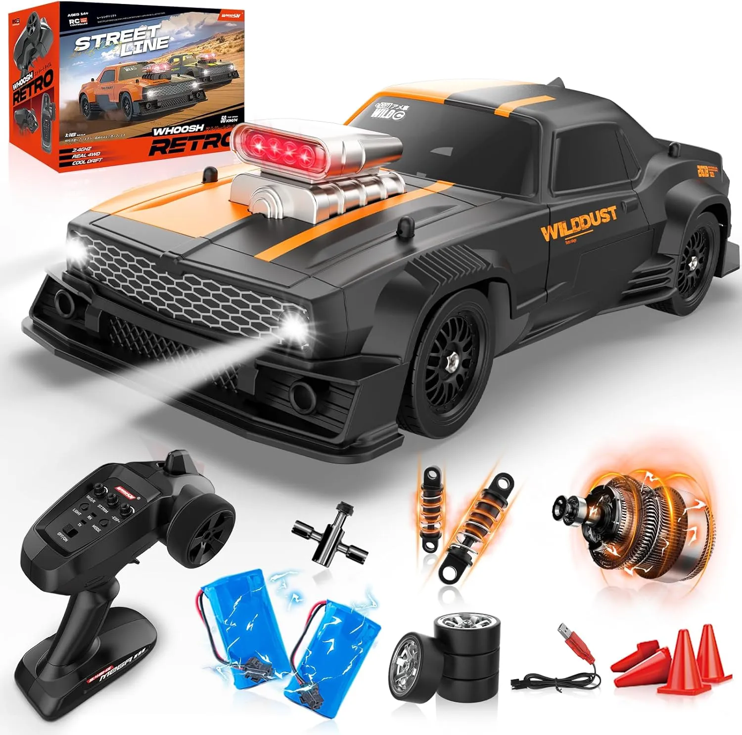 1/16 RC Drift Car with Gyro Full Proportional 4WD 50KM/h High Speed Remote Control Cars, ESP Drift Racing Vehicle with Lights and 2 Rechargeable Batteries, RTR RC Sport Race Cars for Adults Kids Gift