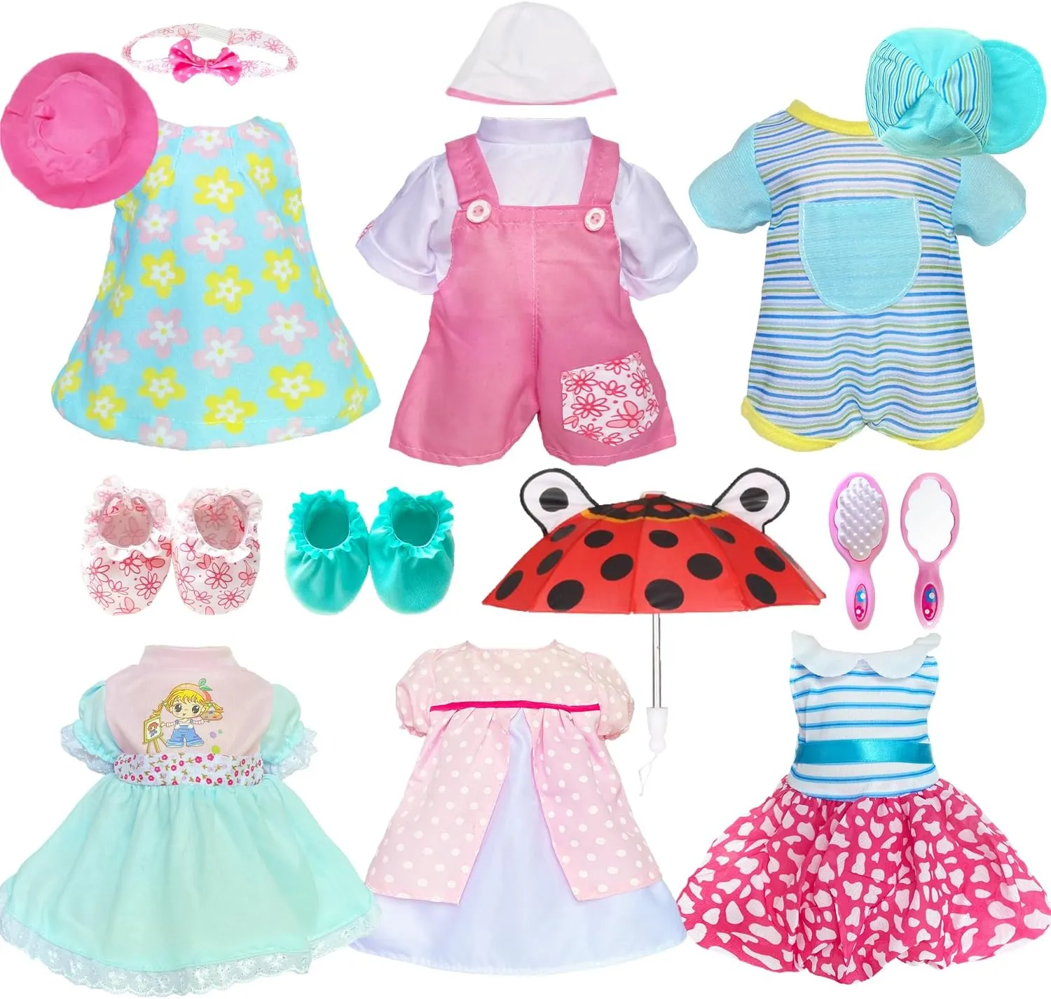 12 Pcs Set Handmade Baby Doll Clothes Dress Outfits Costumes for 12 13 14 15 inch Doll，Doll Hat Umbrella Mirror Comb Girl Christmas Birthday Gift for Little Girl