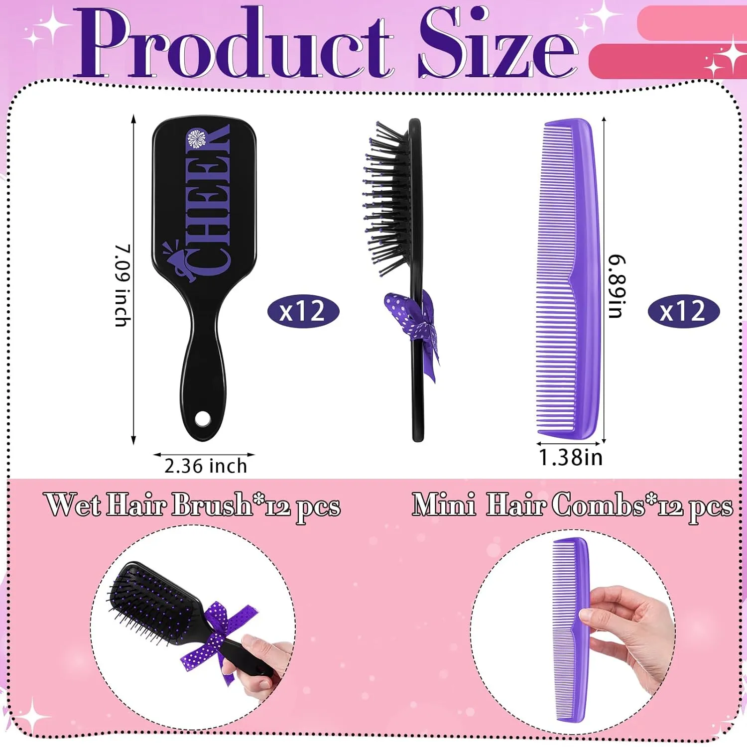 12 Sets Cheer Hair Brush Cheer Party Favors Team Gifts Wet Detangling Brush and Comb Set with Polka Dots Plastic Fine Wide Hair Comb for Sports Cheerleader Gifts for Women (Purple)