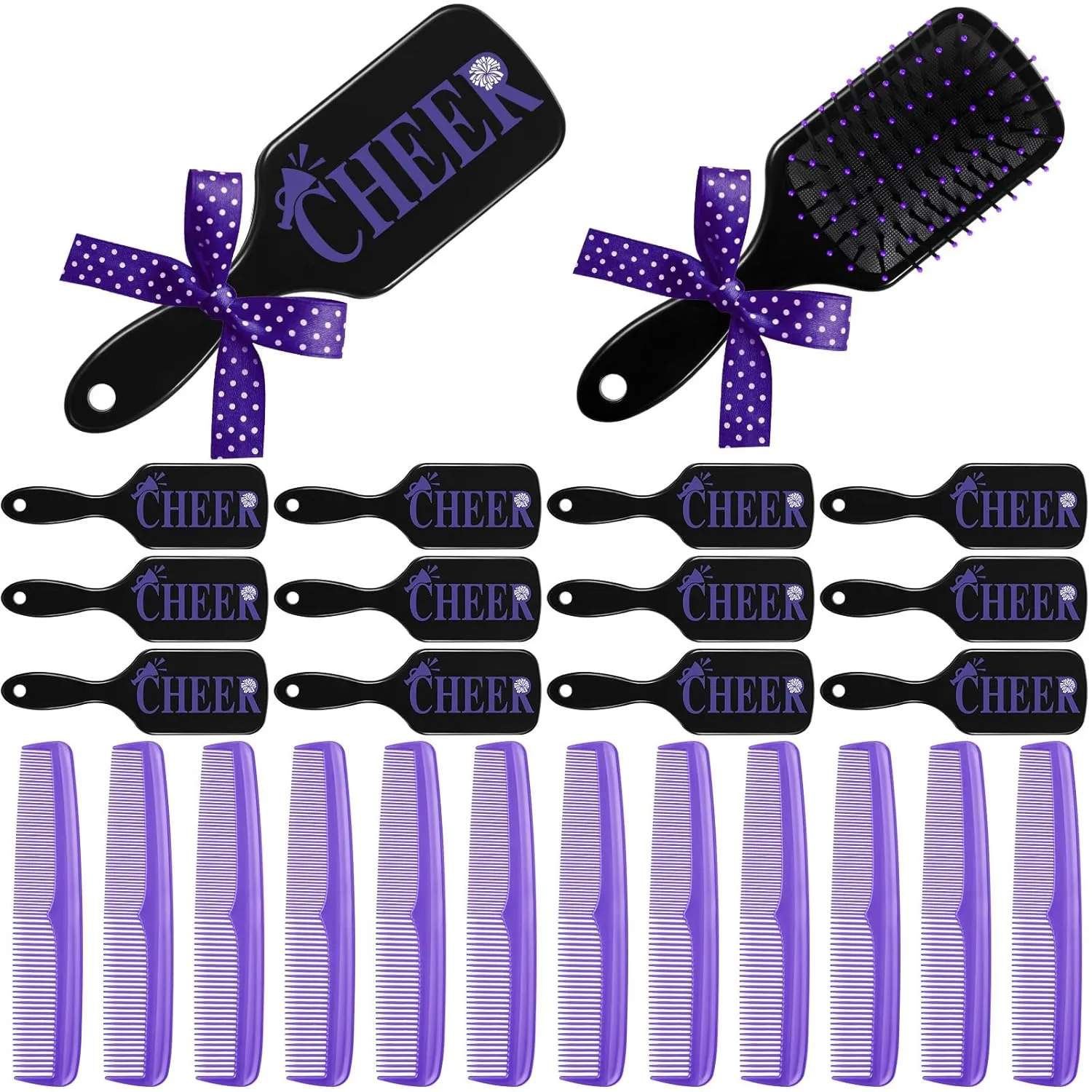 12 Sets Cheer Hair Brush Cheer Party Favors Team Gifts Wet Detangling Brush and Comb Set with Polka Dots Plastic Fine Wide Hair Comb for Sports Cheerleader Gifts for Women (Purple)
