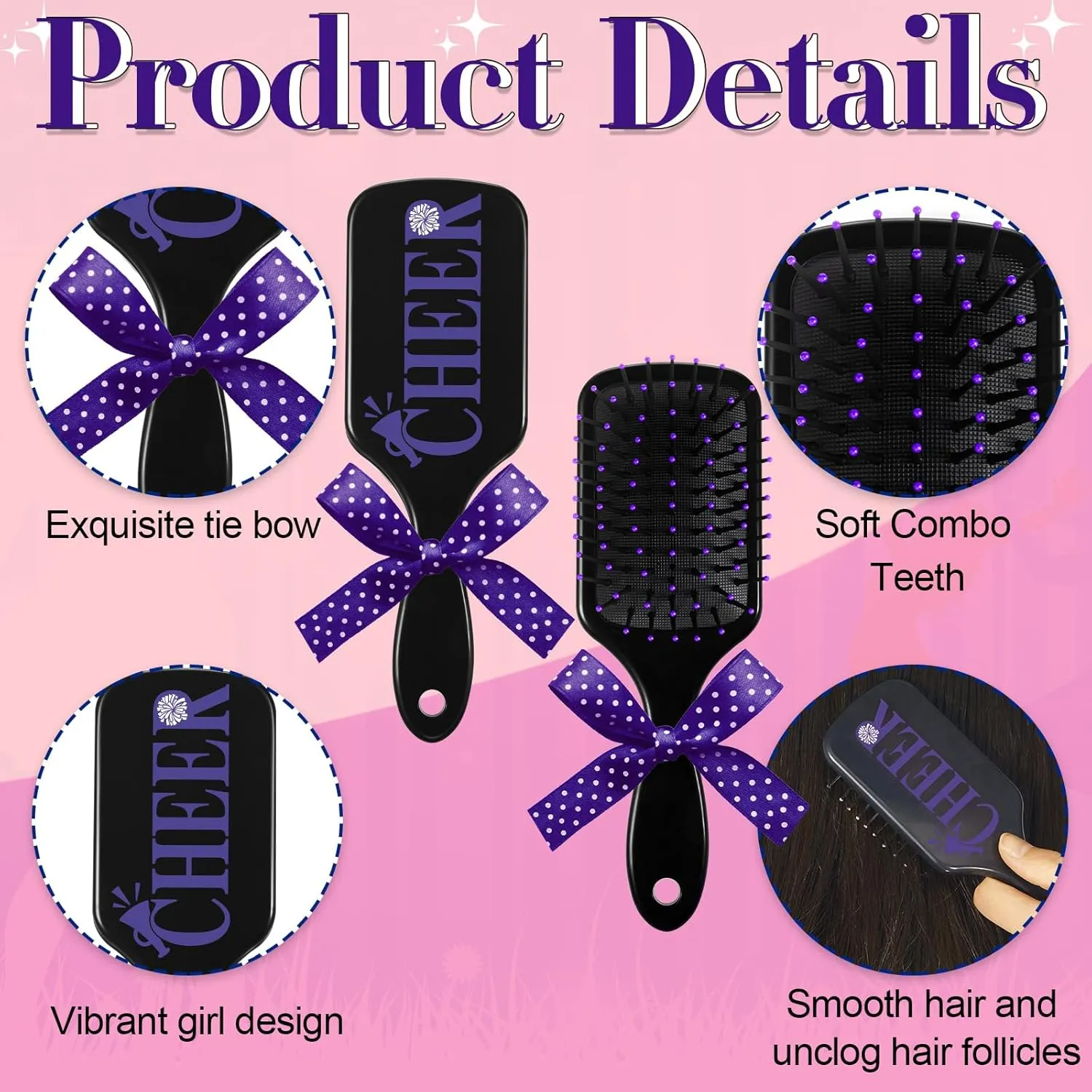 12 Sets Cheer Hair Brush Cheer Party Favors Team Gifts Wet Detangling Brush and Comb Set with Polka Dots Plastic Fine Wide Hair Comb for Sports Cheerleader Gifts for Women (Purple)