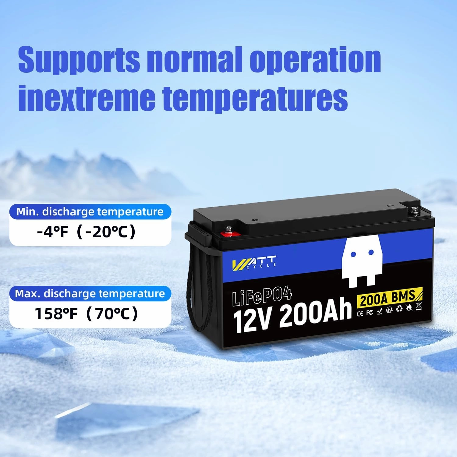 12.8V 200Ah LiFePO4 Lithium Battery 1 Pack - 15000  Cycle Life, Integrated 200A BMS, Extreme Temperature Resilience - Perfect for RV, Camping, and Home Energy Storage.