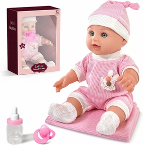 12'' Baby Doll for Toddlers 1-3, Baby Doll Set with Accessories includes Pink Clothes, Pacifier, Feeding Bottle, Blanket, First Doll Playset Toy in Gift Box for Girls Kids 1 2 3 4 5 6  Years Old