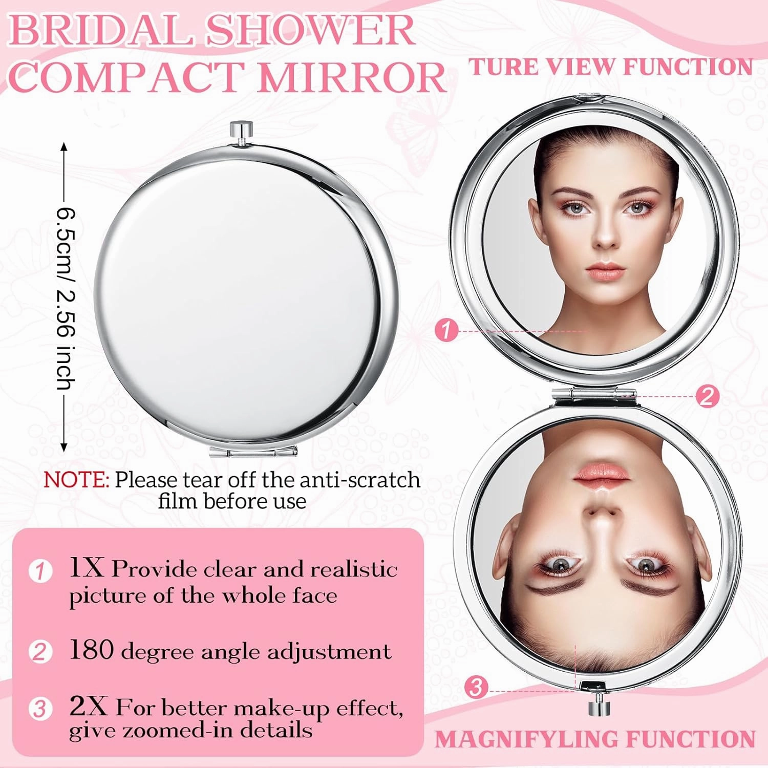 12 Set Compact Mirrors Bulk Wedding Favors for Guest Include Double Sided 1X/2X Magnifying Pocket Makeup Mirrors Pens Organza Bag for Bridal Shower Bachelorette Wedding Party Gift (Silver)