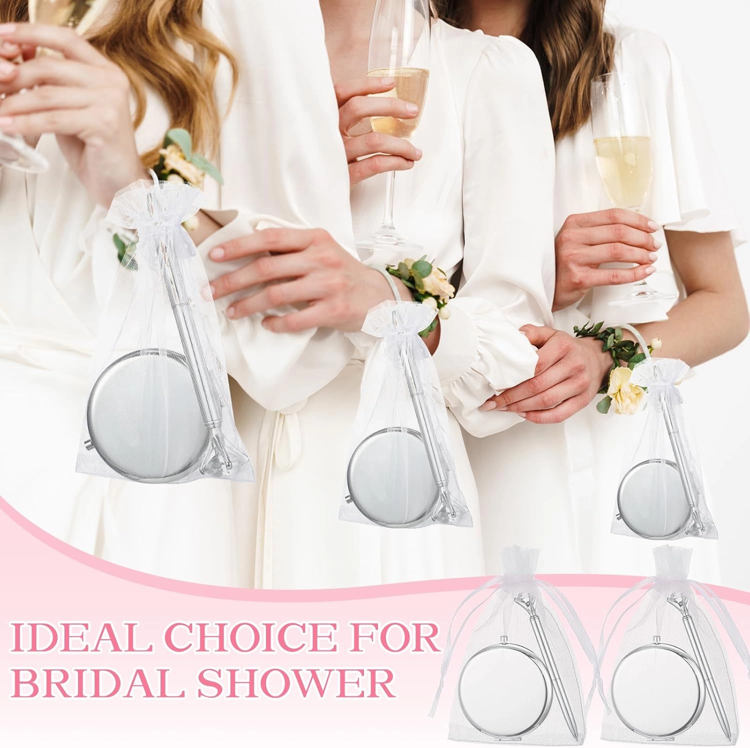12 Set Compact Mirrors Bulk Wedding Favors for Guest Include Double Sided 1X/2X Magnifying Pocket Makeup Mirrors Pens Organza Bag for Bridal Shower Bachelorette Wedding Party Gift (Silver)