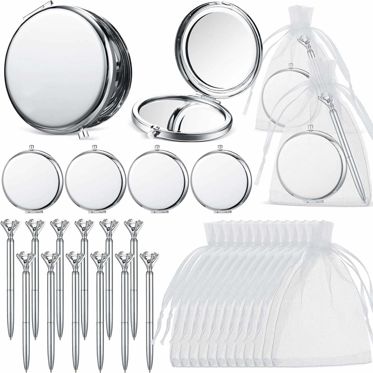 12 Set Compact Mirrors Bulk Wedding Favors for Guest Include Double Sided 1X/2X Magnifying Pocket Makeup Mirrors Pens Organza Bag for Bridal Shower Bachelorette Wedding Party Gift (Silver)