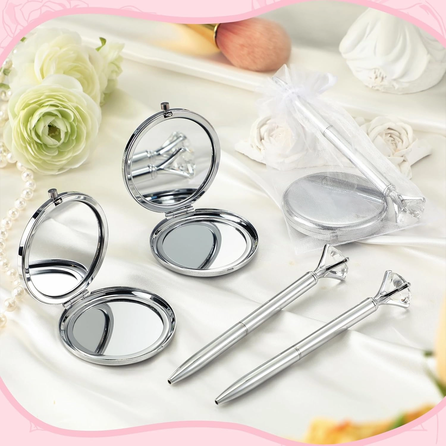 12 Set Compact Mirrors Bulk Wedding Favors for Guest Include Double Sided 1X/2X Magnifying Pocket Makeup Mirrors Pens Organza Bag for Bridal Shower Bachelorette Wedding Party Gift (Silver)