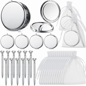 12 Set Compact Mirrors Bulk Wedding Favors for Guest Include Double Sided 1X/2X Magnifying Pocket Makeup Mirrors Pens Organza Bag for Bridal Shower Bachelorette Wedding Party Gift (Silver)