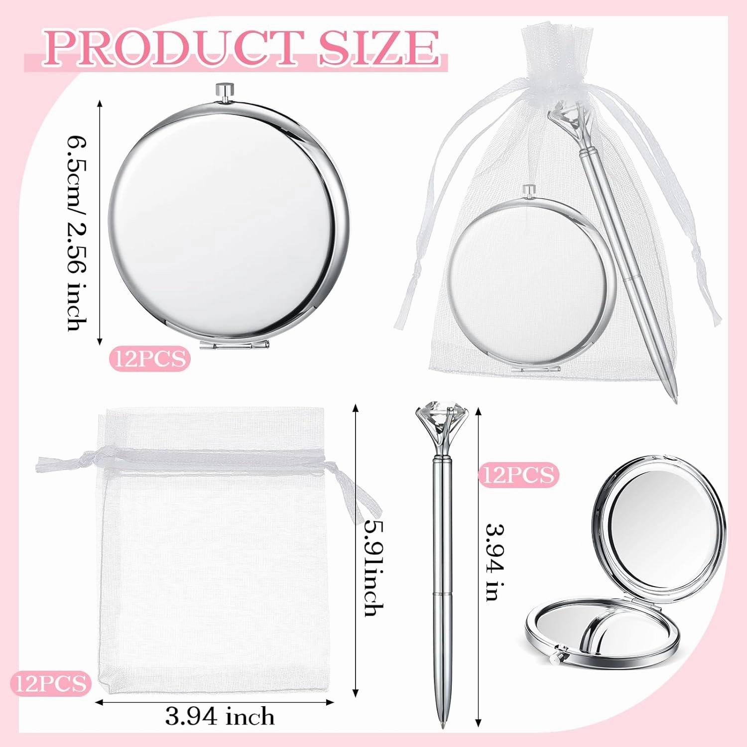 12 Set Compact Mirrors Bulk Wedding Favors for Guest Include Double Sided 1X/2X Magnifying Pocket Makeup Mirrors Pens Organza Bag for Bridal Shower Bachelorette Wedding Party Gift (Silver)