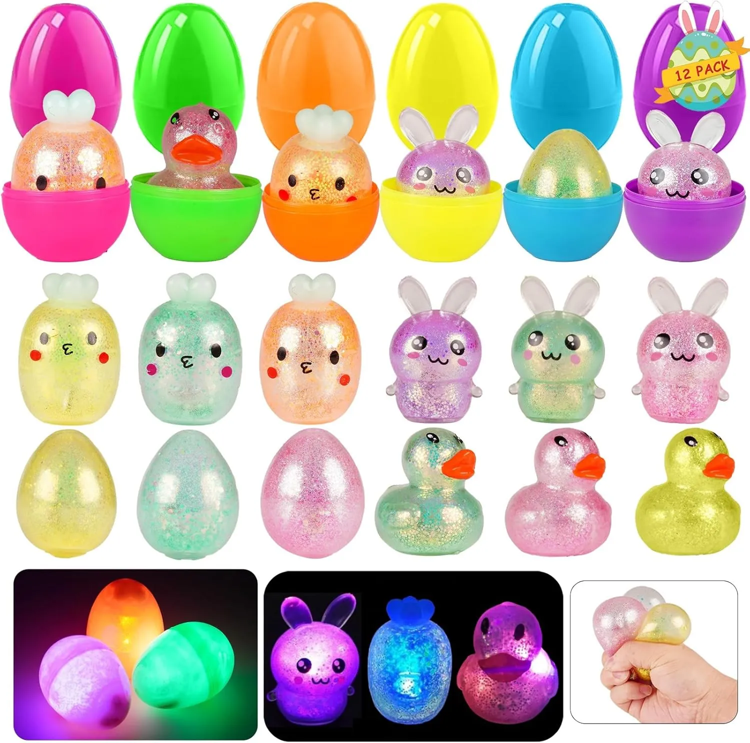 12Pack Light Up Squishy Toys for Kids, Glow in The Dark Squishy Toys for Boys Girls, Squeeze Gifts for Stress Relief, Party Favor, Classroom Prizes