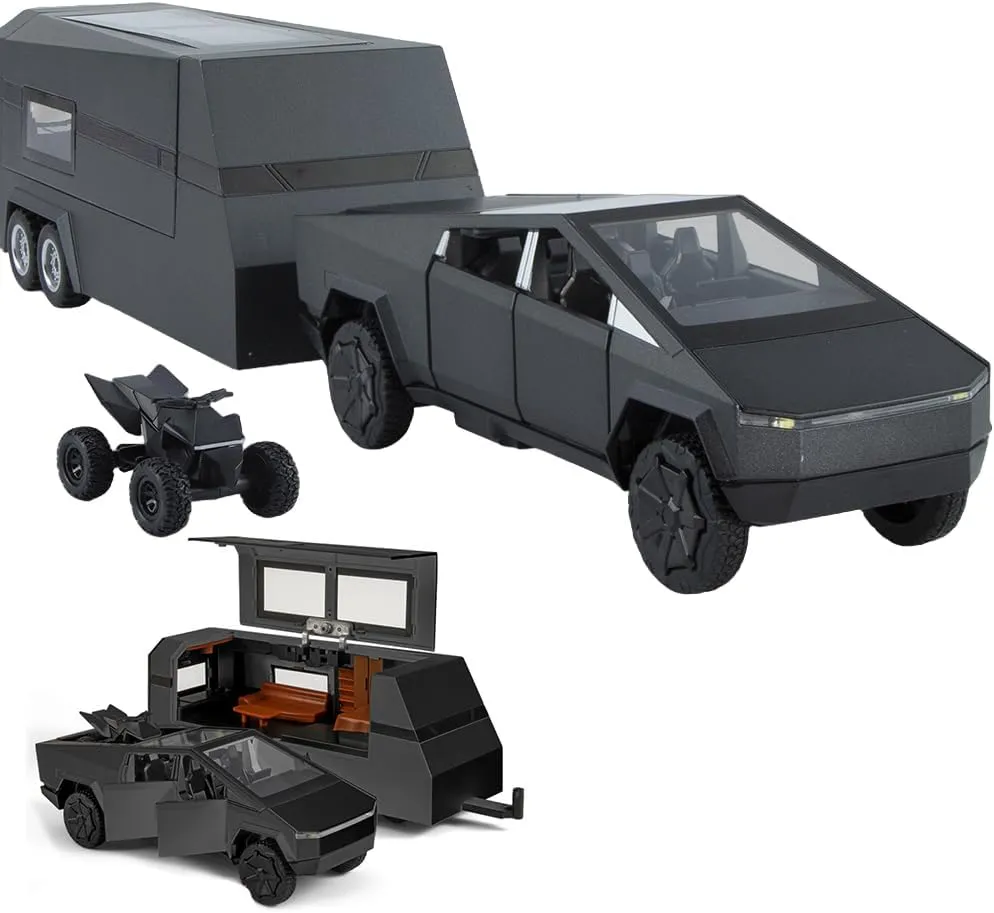 1/32 Diecast Pickup Trailer RV Model Toy Truck with Beach Motorcycle, Alloy Metal Pickup Truck Model Diecast Vehicles with Sound Light Pull Back, Birthday Gifts for Boys Adults (Dark Grey)