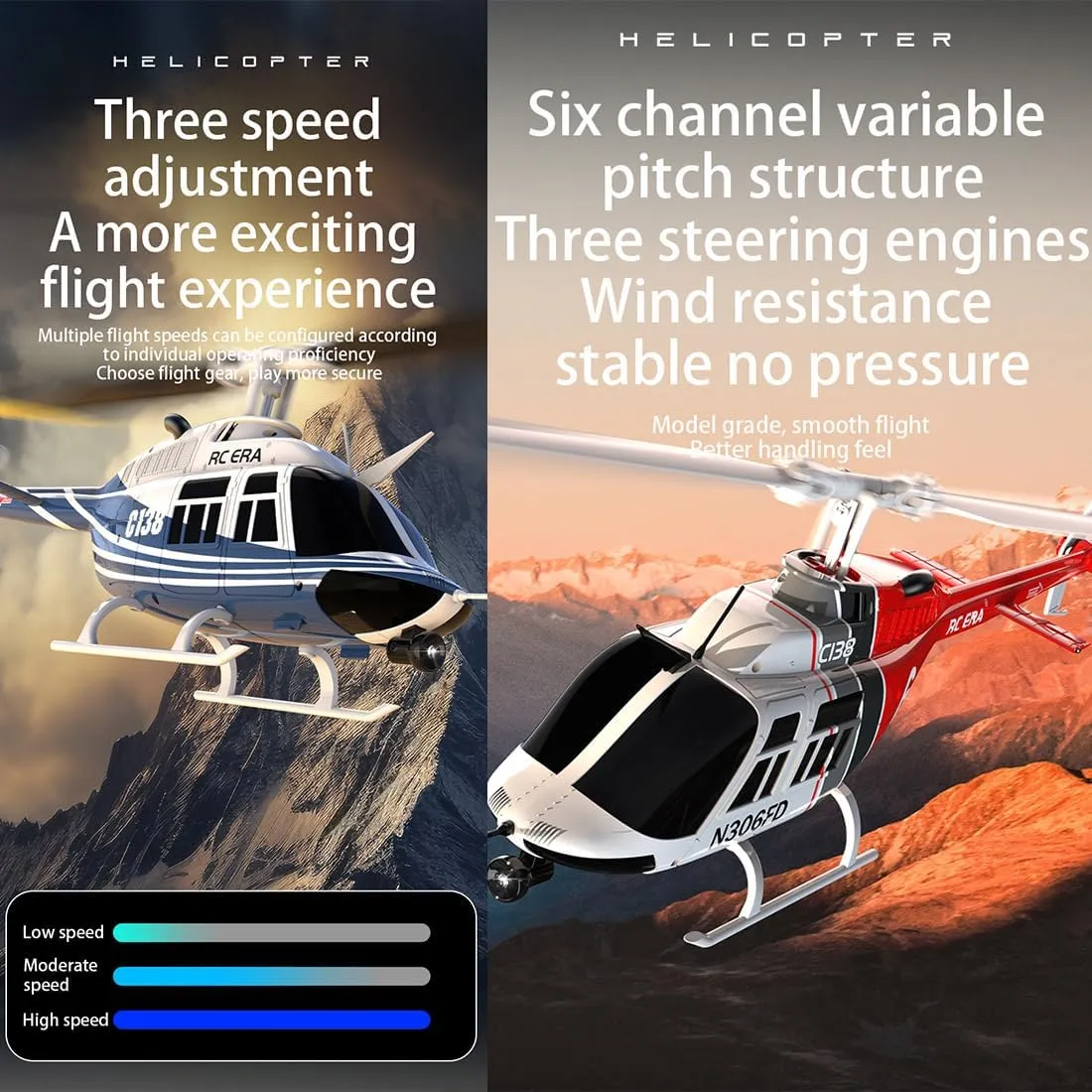 1:33 Scale Bell 206 Helicopter, C138 RC ERA Remote Control Helicopter Suitable for Adults, Six-Axis Gyroscope& Optical Flow Positioning Model Aircraft