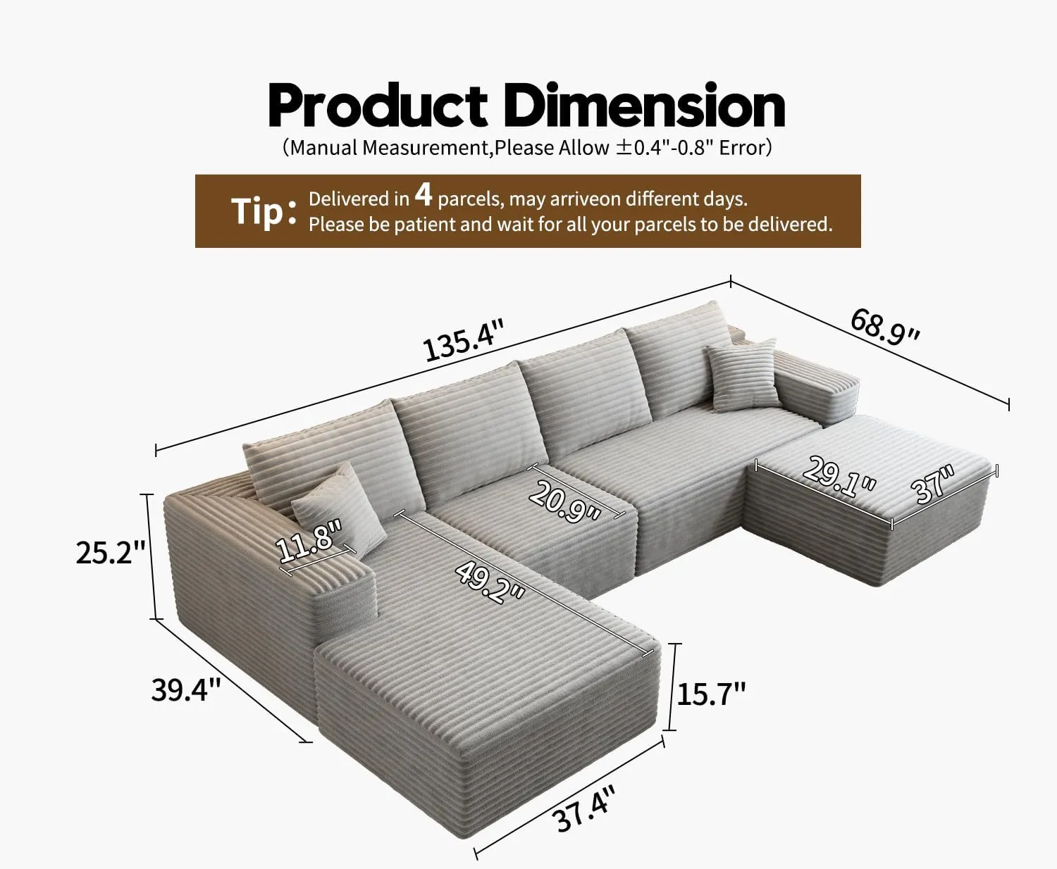 135.4" Cloud Modular Sectional Sofa with 1 Ottoman,Modern Minimalist Upholstered Couches, Comfort U Shaped Sofa for Living Room,Deep Seat Corner Couch，No Assembly Required (Grey,Left Facing Chaise)