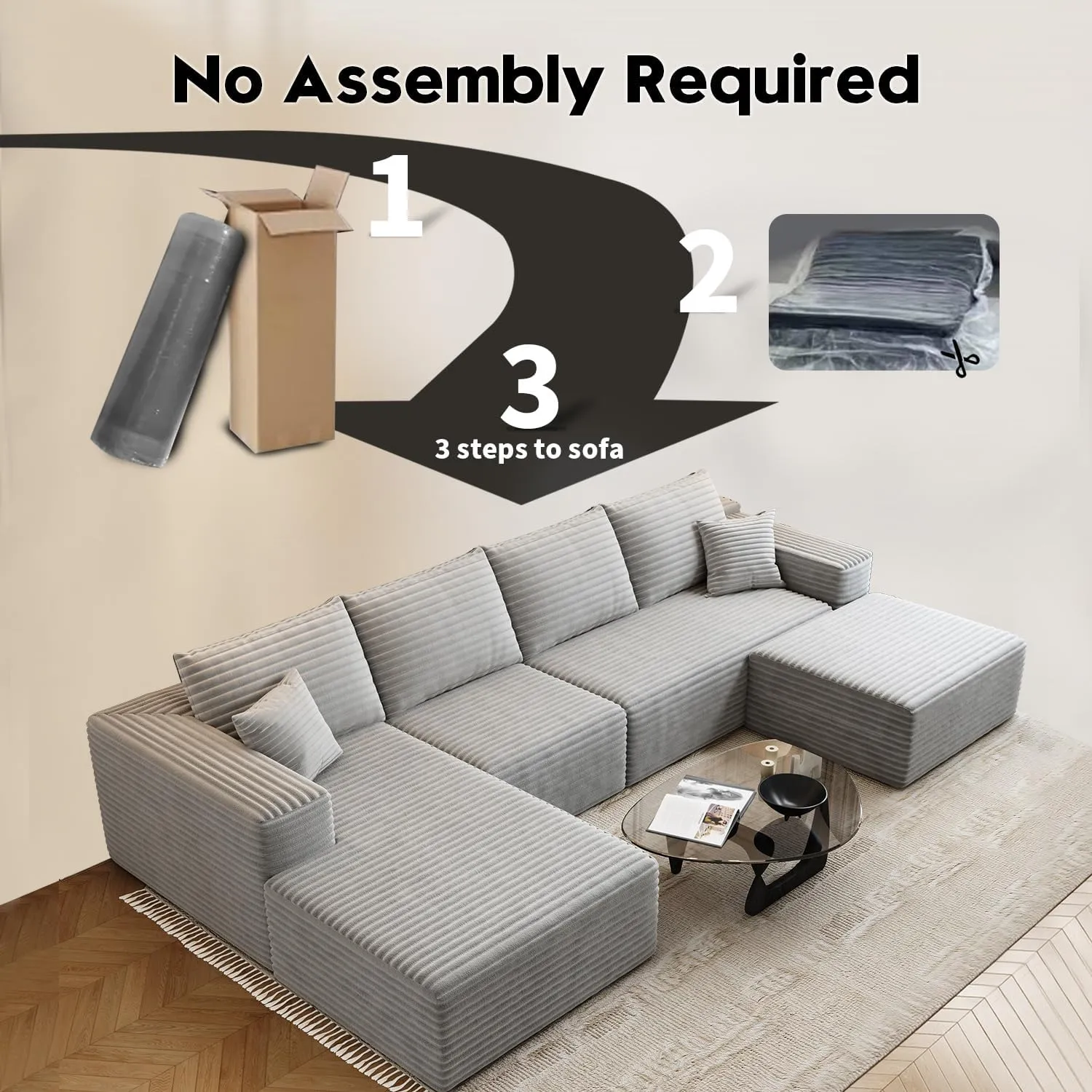 135.4" Cloud Modular Sectional Sofa with 1 Ottoman,Modern Minimalist Upholstered Couches, Comfort U Shaped Sofa for Living Room,Deep Seat Corner Couch，No Assembly Required (Grey,Left Facing Chaise)