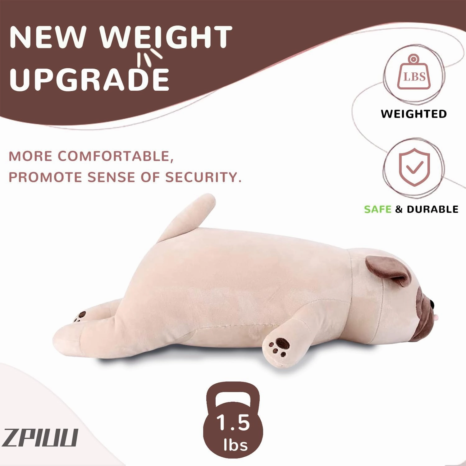 15" Weighted Pug Stuffed Animals – Small Weighted Pug Pillow Toy for Kids & Adults, Soft and Huggable French Bulldog Plush Gift for Boys & Girls – 1.5 lbs Cute Stuffed Dog Toys