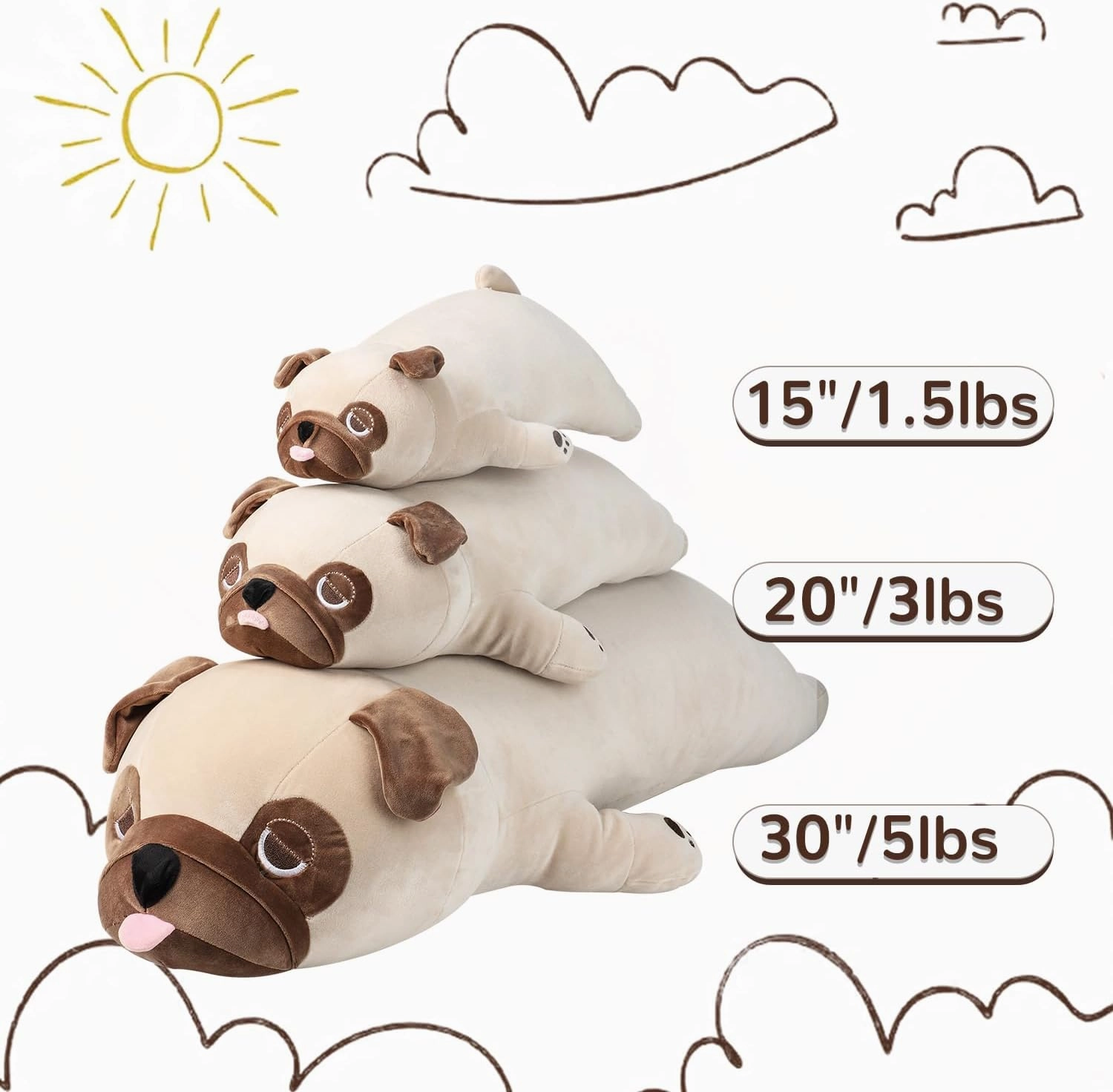 15" Weighted Pug Stuffed Animals – Small Weighted Pug Pillow Toy for Kids & Adults, Soft and Huggable French Bulldog Plush Gift for Boys & Girls – 1.5 lbs Cute Stuffed Dog Toys