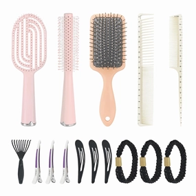 15pcs Hair Brushes Set With Paddle Brush Vent Brushes Wide Comb Rat Tail Combs 4pcs White Hairs Clip and 3pcs Black Hair Clips 3pcs Hairs Ties Daily Hair Accessries Styling Tools