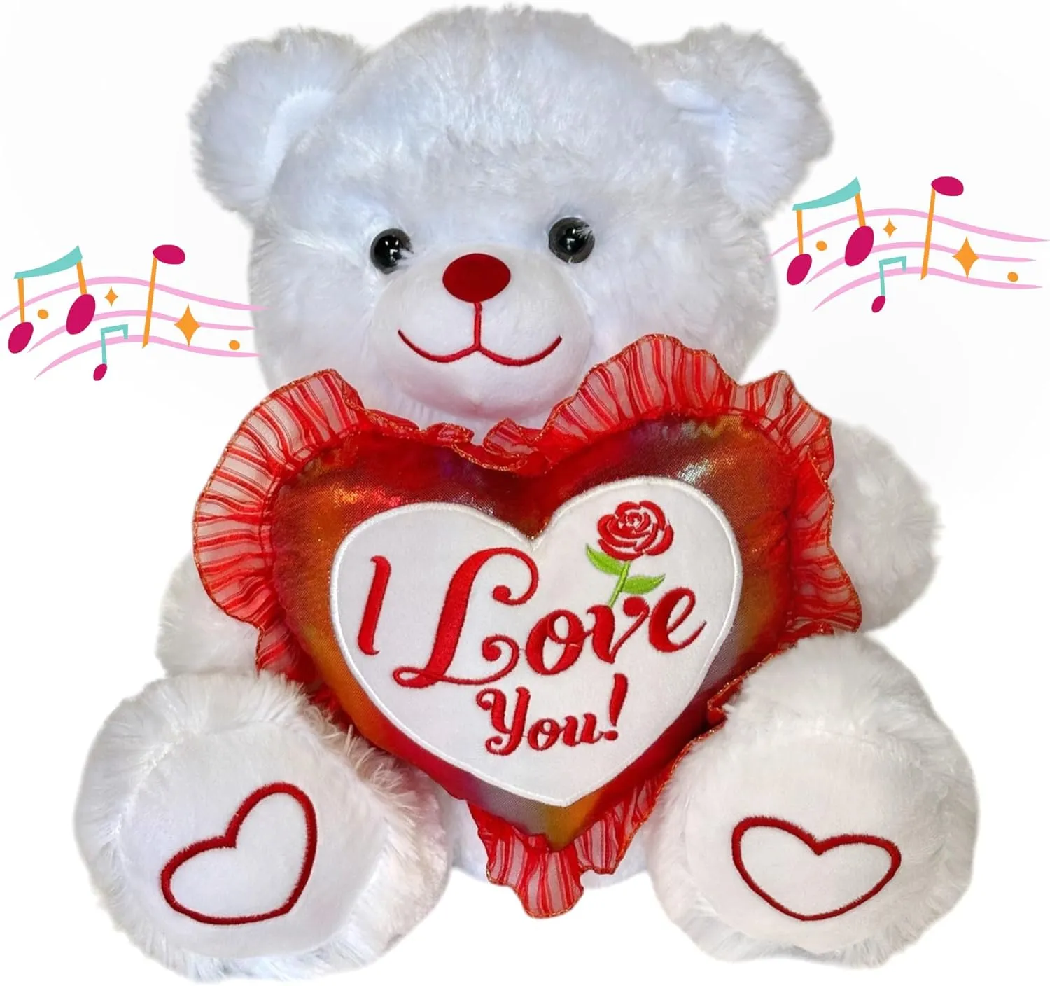 15" Musical Valentine Bear White with I Love You Heart and Light up cheek(1 piece)