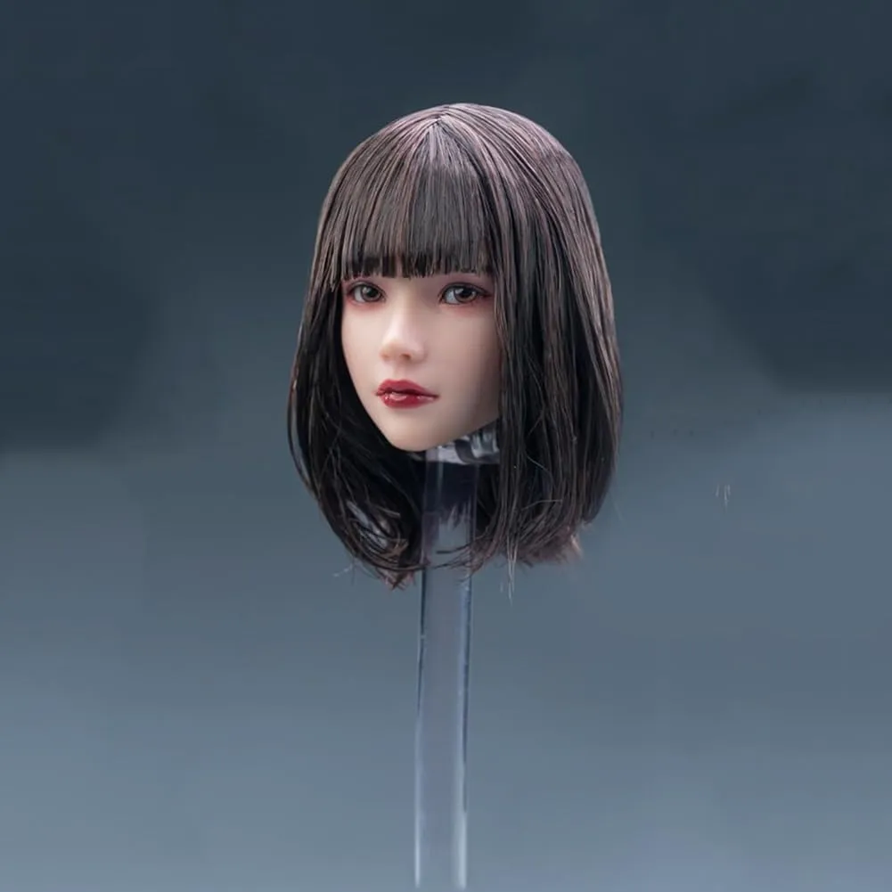 1/6 Scale Planted Hair Female Head Sculpt Cute Young Girl Brown Shoulder Length Hair Straight Bang Head for 12inch Phicen, TBLeague Action Figure