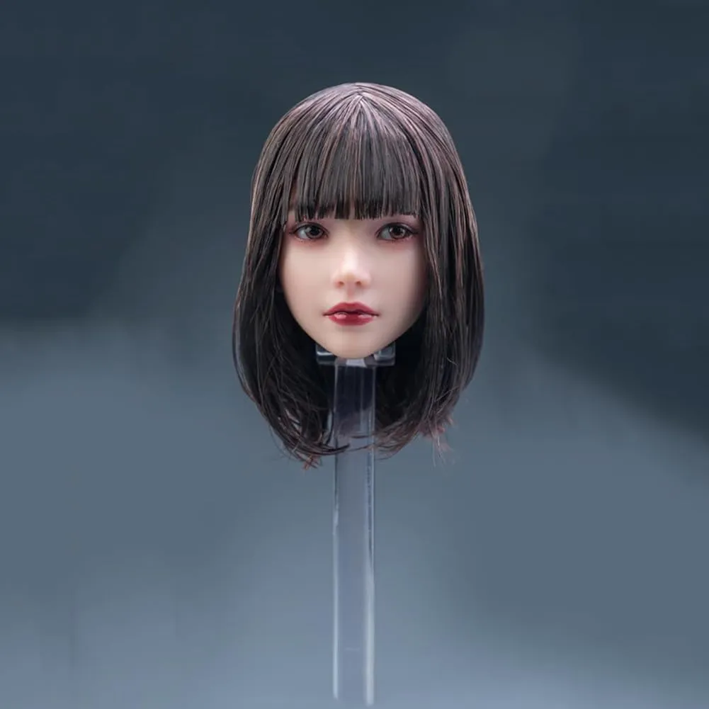 1/6 Scale Planted Hair Female Head Sculpt Cute Young Girl Brown Shoulder Length Hair Straight Bang Head for 12inch Phicen, TBLeague Action Figure