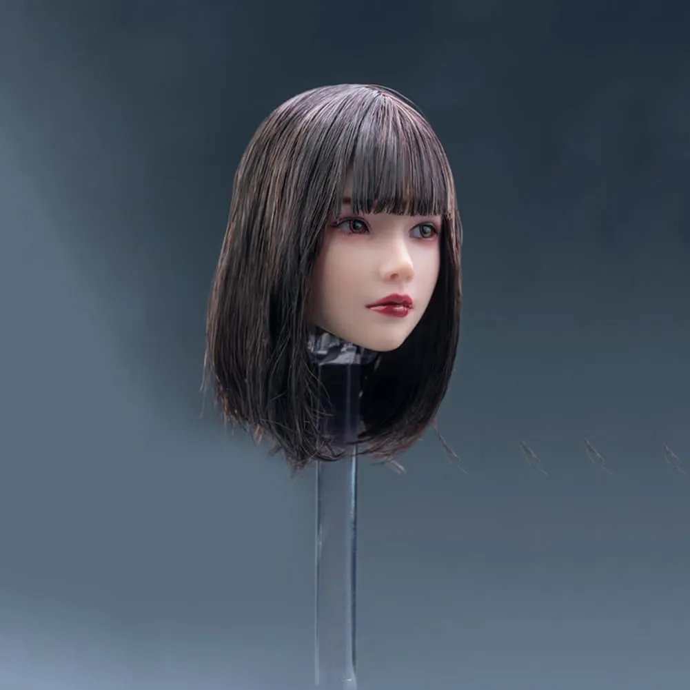 1/6 Scale Planted Hair Female Head Sculpt Cute Young Girl Brown Shoulder Length Hair Straight Bang Head for 12inch Phicen, TBLeague Action Figure