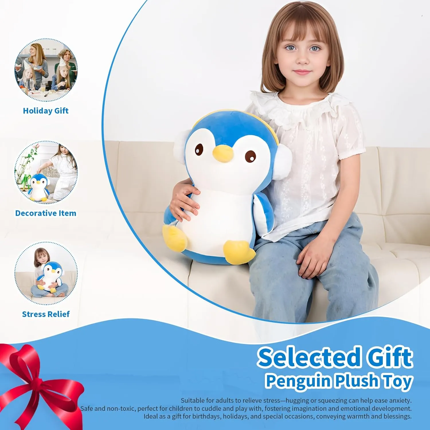 16" Cute Big Penguin Blue Plush Cushions, Large Blue Penguin Plushies Toys,Stuffed Animals Penguins Gift for Girls, Boy, Lovers, Valentine's Day, Birthdays